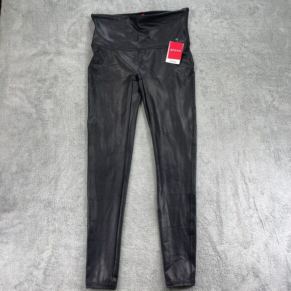 Spanx Pants - Spanx Shape Faux Leather Sculpting Leggings Womens Large Black Stretch Pull On
